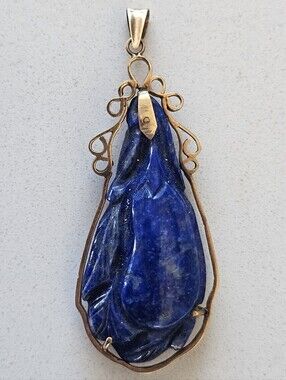 Vintage Chinese Export 14k Yellow Gold Carved Blue Lapis Lazuli Pendant